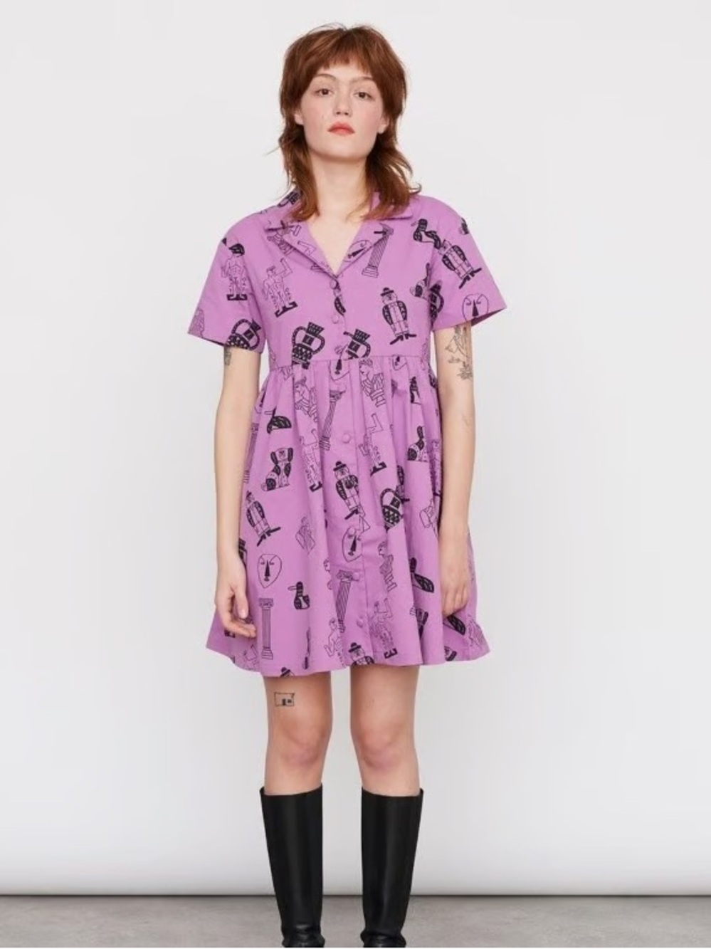 Lazy Oaf Lilac Short-Sleeve Printed Smock Dress